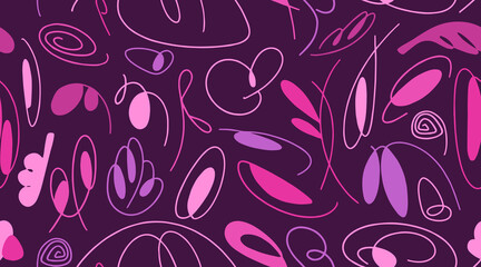 Seamless pink pattern with organic abstract elements. Hand drawn abstract colored doodles, curved strokes. Vector chaotic decorative texture. organic forms.