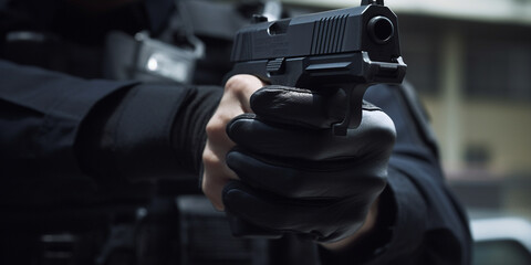Hand mit Waffe Pistole, Bedrohung oder Schutz, ai generativ