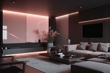 Sophisticated interior decor: glossy walls, balanced furnishings, and pink & gray neon lights; stunning 8k HD design. Generative AI