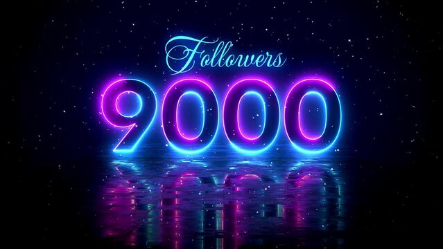 Futuristic Blue Purple Glowing Neon Light 9000 Followers Text Reveal With Floor Reflection Amid The Falling Snow On Dark Background, 5-15 Seconds Seamless Loop