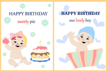 birthday cards for a little boy and girl with flowers, cake, hearts on a white background with text "Happy Birthday"