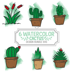 Watercolor cactus with vase plant garden flora 