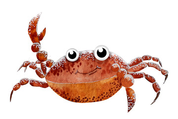 Watercolor illustration. The red cartoon crab raised its claws