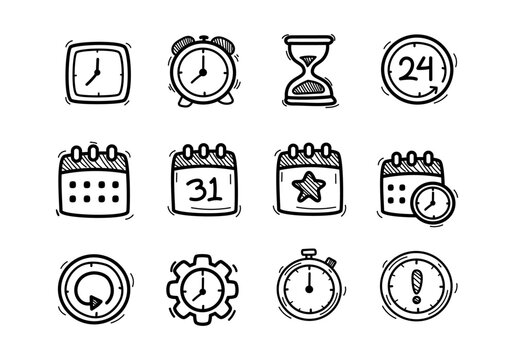 Set of time and calendar icons in cute doodle style isolated on white background