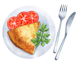 Slice of Spanish tortilla with tomato and parsley on a plate. Watercolor illustration