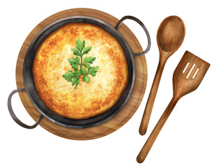 Traditional Spanish omelette Tortilla in a pan. Watercolor illustration