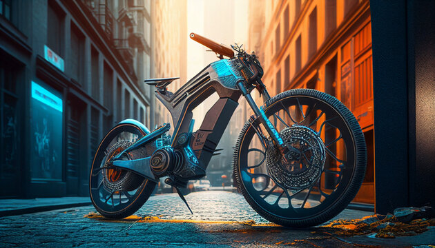 Elektrofahrrad zur Nachhaltigkeit, Fahrrad steht allein in Straße, e-mtb MTB Transalpine Studie Neuentwicklung der Zukunft, futuristisch, Generative AI 