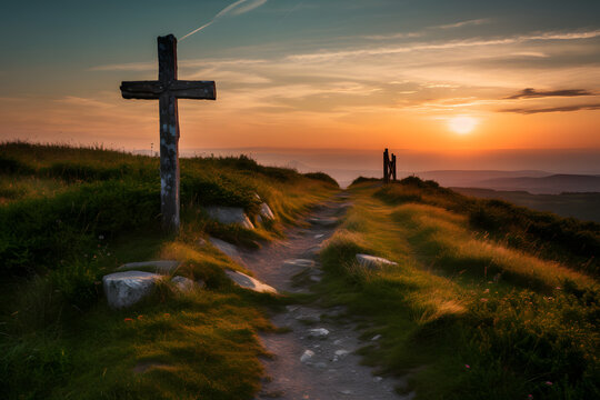 cross at hill with sunset, stunning nature, religion, christian, nature church