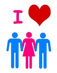 i love threesomes, a woman with men, illustration on white background