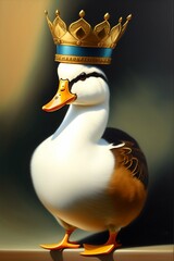 Oil painting of a duck, white, with a crown, cartoon