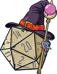 Dice for playing DnD. Tabletop role-playing game Dungeon and dragons with d20. Magical role of sorcerer with witch hat. Cartoon illustration
