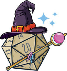 Dice for playing DnD. Tabletop role-playing game Dungeon and dragons with d20. Magical role of sorcerer with witch hat. Cartoon illustration