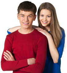 Fototapeta premium Young couple with the girl resting on the boy's shoulder