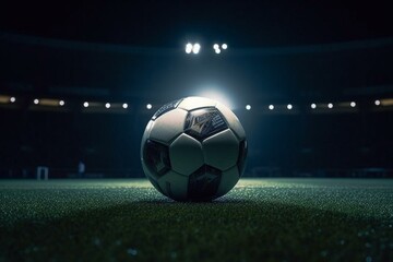 Fototapeta premium Spinning football on bright floodlights. Generative AI