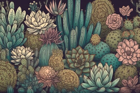 background variety of small cacti different types and varieties. drawing in pastel colors .Generative AI