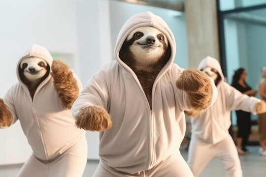 Happy sloths like a people in an aerobics class at the gym, healthy lifestyle concept. Generative AI