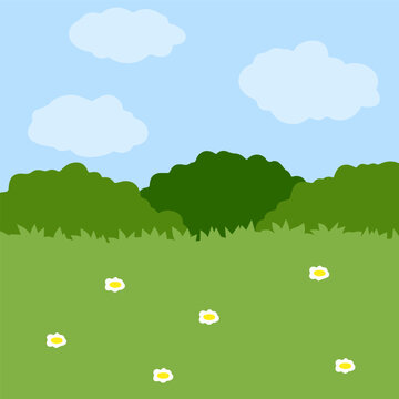Green field with grass. Lawn with bushes and sky. Background for nature. Flat Funny lawn