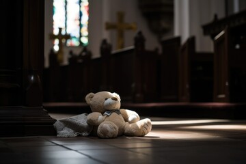 Concept of child abuse in church: teddy bear on the floor in cathedral