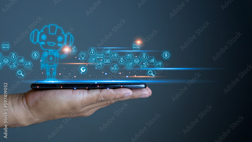Poster the phone is placed on the lid of the person hand. communication technology ,artificial intelligence