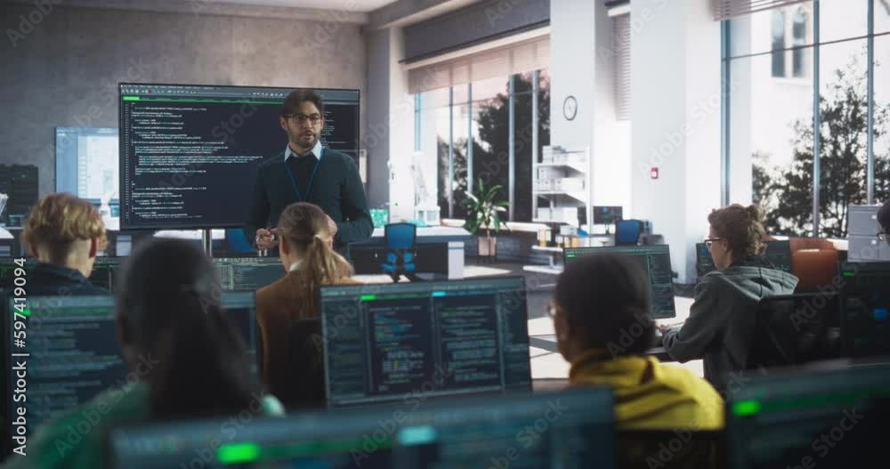 Poster Knowledgeable Teacher Giving a Lecture About Software Engineering to a Group of Smart Diverse University Students. International Undergraduates Sitting Behind Desks with Computers