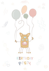 Vector happy birthday party with balloons card template, cute monster illustration