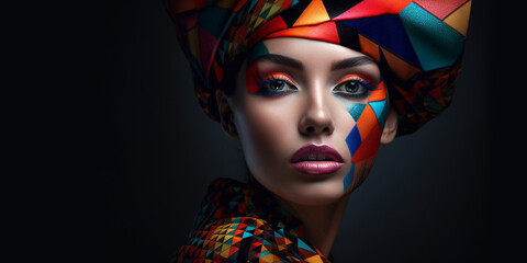 Fashion Frauen Gesicht Nahaufnahme mit Visagistik und Kopfbedeckung Poster, ai generativ - obrazy, fototapety, plakaty