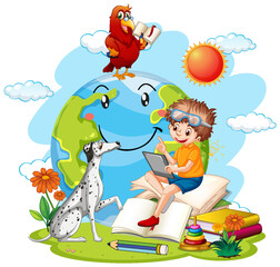 Naklejka premium Earth planet with cartoon characters
