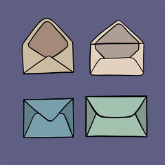 Vector isolated illustration of a set of open and closed envelopes. A new letter. Message read. Postal letter. New message.