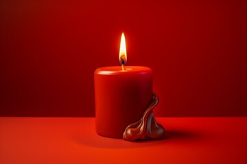 Unique greeting card concept: burning candle on vibrant red backdrop. Generative AI