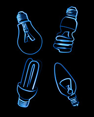 Vector isolated illustration of a set of different types of light bulbs. Neon light bulbs. Conservation and saving of energy.