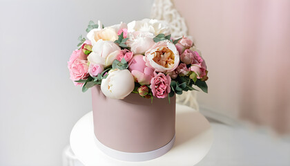 Bouquet of peonies and roses in paper box. Mock-up of hat box of flowers. Interior decoration in in pastel colors, Flowers in round luxury present box, Ai generated 
