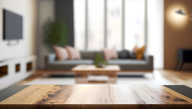 Wood table with blurred modern apartment interior background, Empty wooden tabletop with blurred living room background 