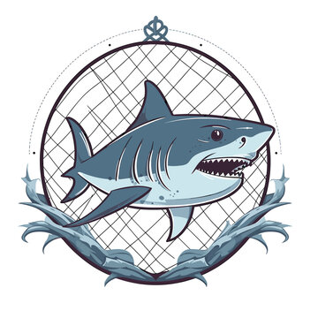 Shark protection net. marine aquarium, ocean life, cartoon vector illustration. label, sticker, t-shirt printing