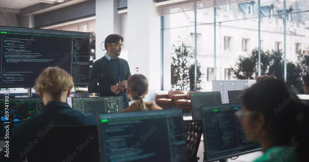 Aufkleber Teacher Giving Computer Science Lecture to Diverse Multiethnic Group of Female and Male Students in a College Room. Projecting Slideshow with Programming Code. Explaining Information Technology
