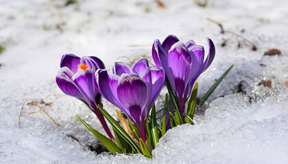 Crocuses - blooming purple flowers making their way from under the snow in early spring space purple, Ai generated 