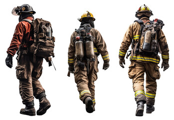 Three firefighters in different fire suits with helmet and oxygen bottles on a transparent background, Generative AI