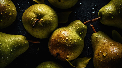 Fototapeta na wymiar Fresh ripe pears with water drops background. Fruits backdrop. Generative AI