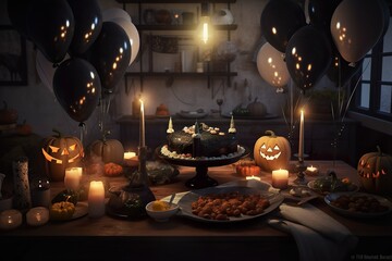 Fototapeta na wymiar Halloween Party: Festive Decor, Balloons, Cake Table, Celebration Setup, Spooky and Fun Party Decorations for an Unforgettable Night
