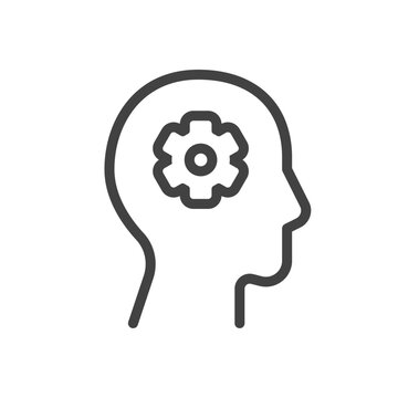 Outline style ui icons education and school class collection. Vector black linear illustration. Head with cog gear brain symbol isolated on white background. Design element for tech college
