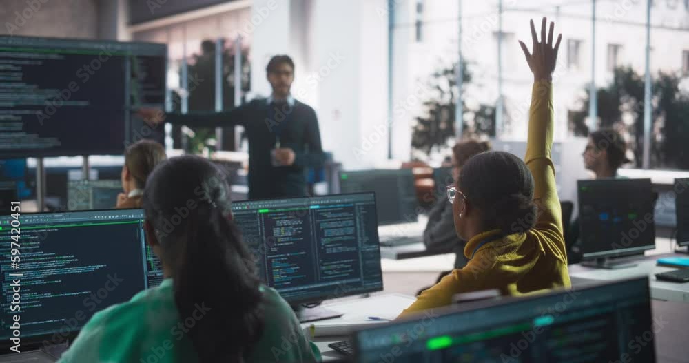 Poster Young Professor Giving Computer Science Lecture to Diverse Multiethnic Group of Female and Male Classmates in a College Room. Student Raises Hand and Asks a Question About Artificial Intelligence