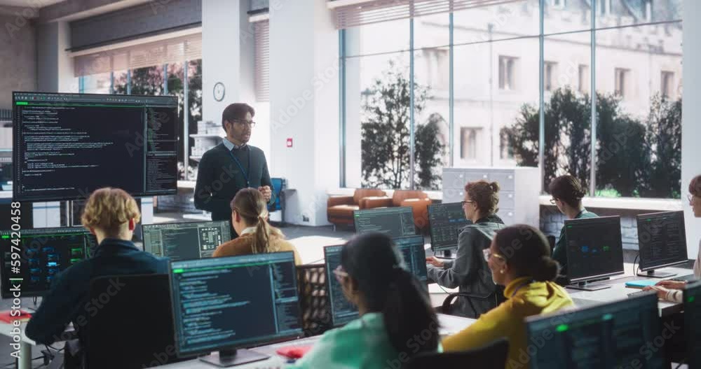 Poster teacher giving computer science lecture to diverse multiethnic group of female and male classmates i