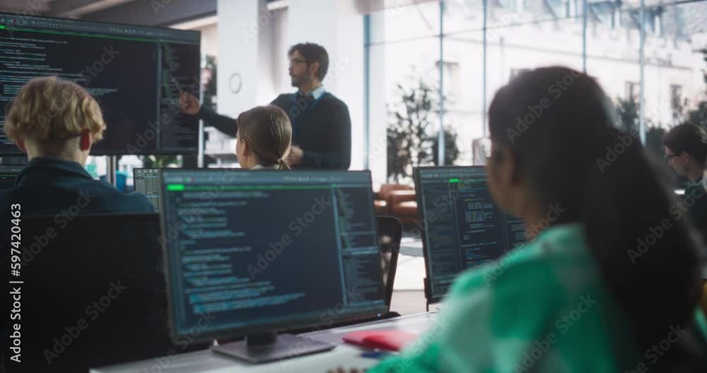 Poster Educator Giving Lesson to Diverse Multiethnic Group of Female and Male Students in College Room. Class Learning About Computer Science and Software Development. Lecturer Shares Knowledge with Scholars
