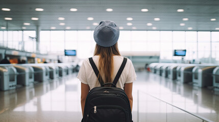 Back view of young traveller woman with suitcase standing in airport terminal. Generative AI