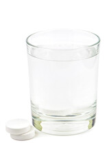 Glass of water and aspirin pills on white background