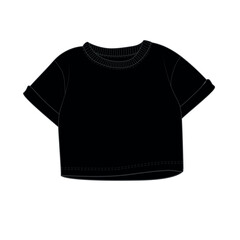 Hand drawn vector illustration of black short sleeve t-shirt. Cropped T-shirt sketch, vector. Outline drawing of a round neck crop top.