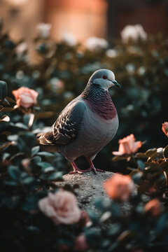 A pigeon sits on a rock in a garden with flowers