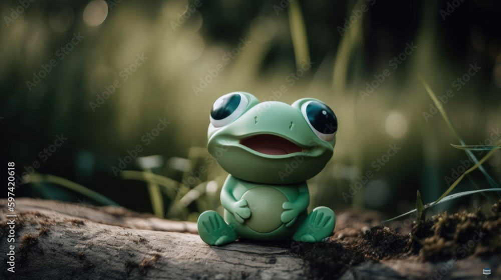 Poster a toy frog sitting on top of a log. ai generative image.