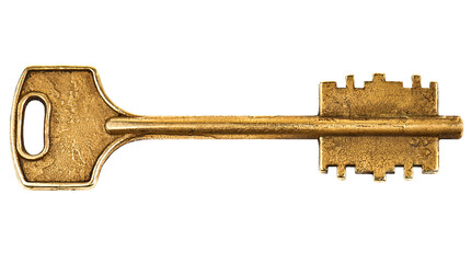 Old golden key on isolated white background