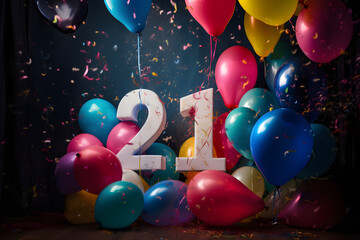Fête anniversaire avec ballons d'hélium blancs et colorés pour célébrer les 21 ans » IA générative