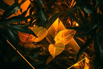 Rainforest plants aglow in yellow and orange neon light, framed by triangles. Generative AI